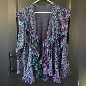 Vintage Hand Knit Fringe Cardigan | Boho Southwestern Paisley | Made in USA